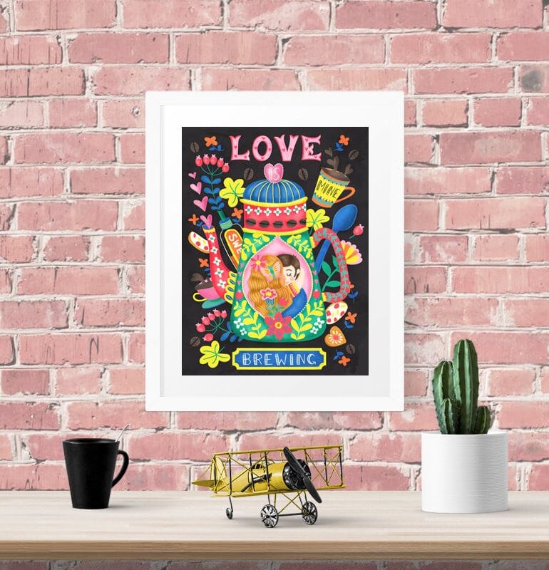 Love Is Brewing Coffee Art Wall Art Print Illustration