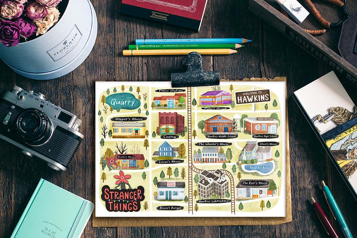 stranger things map postcard