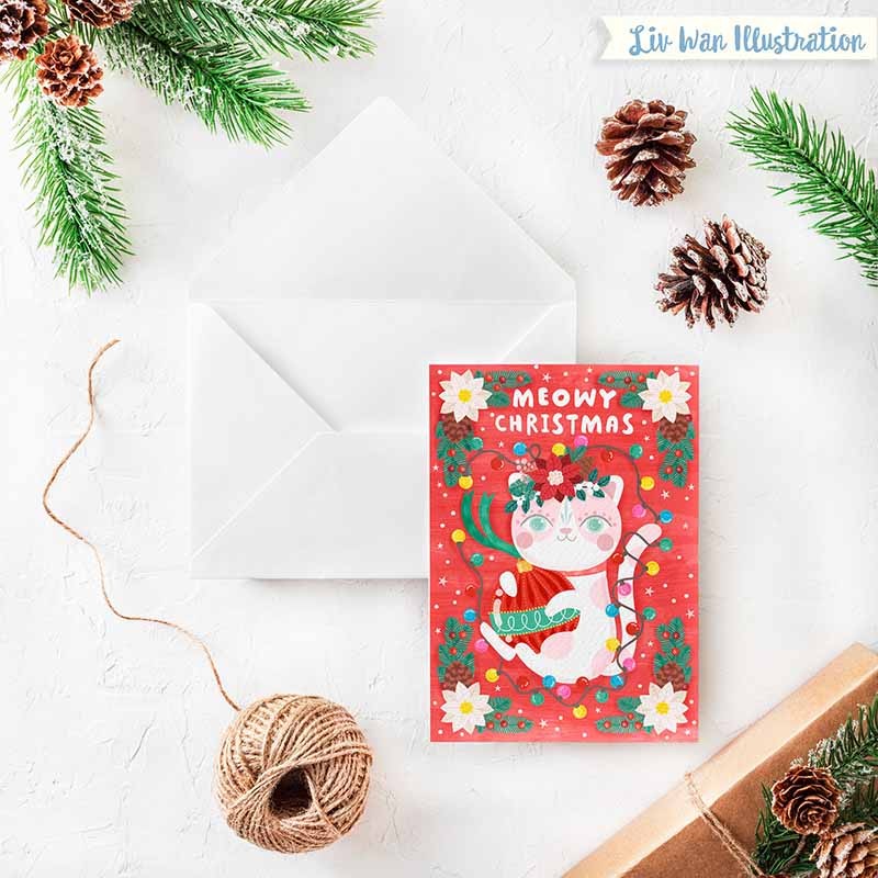 meowy xmas christmas card red