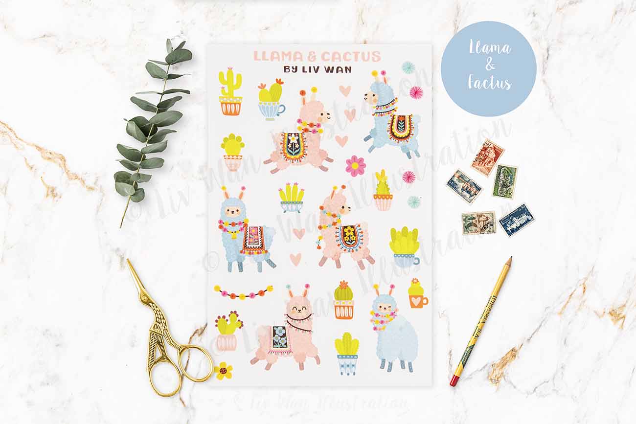 llama cactus sticker sheet