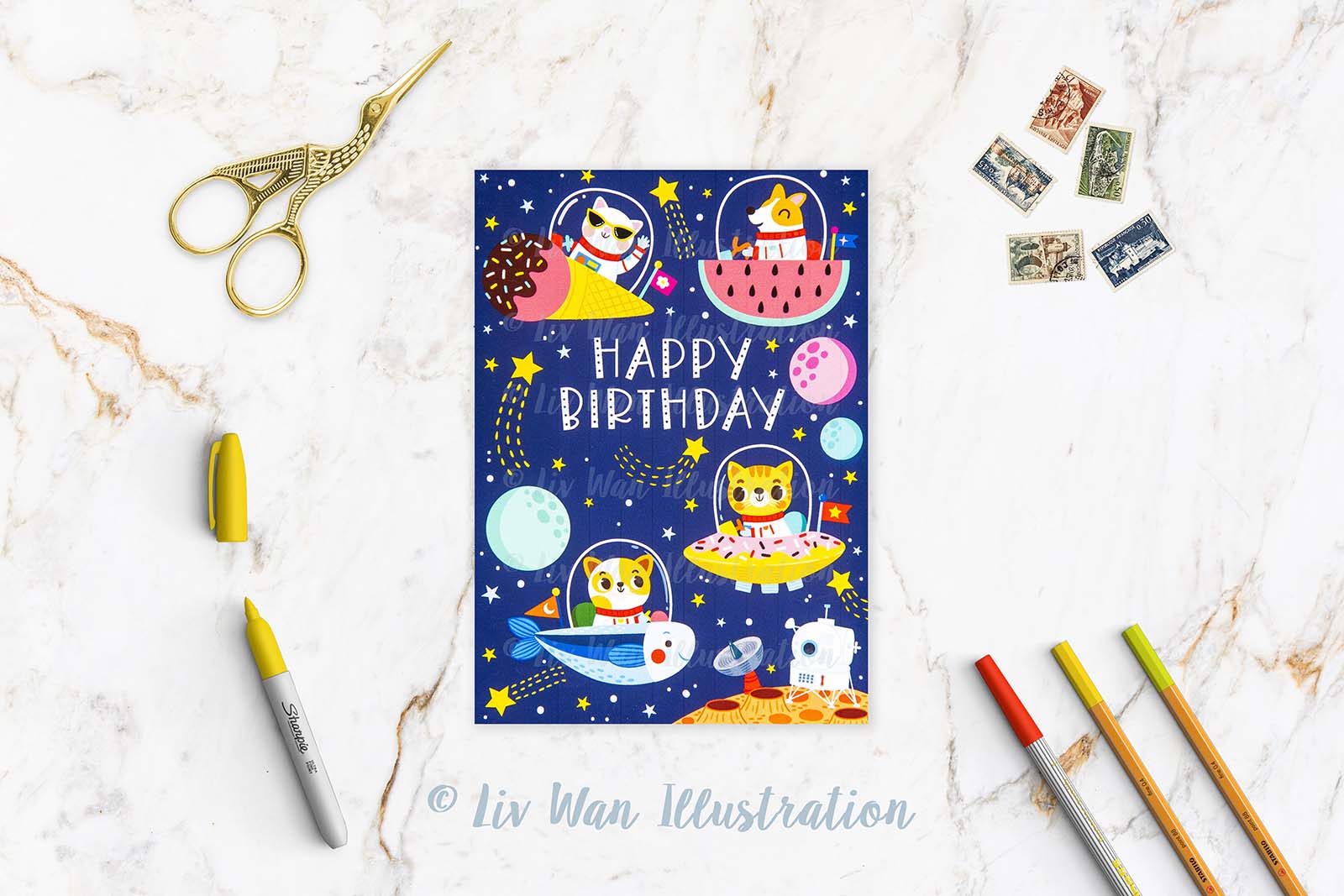 Happy Birthday Space Animals Postcard