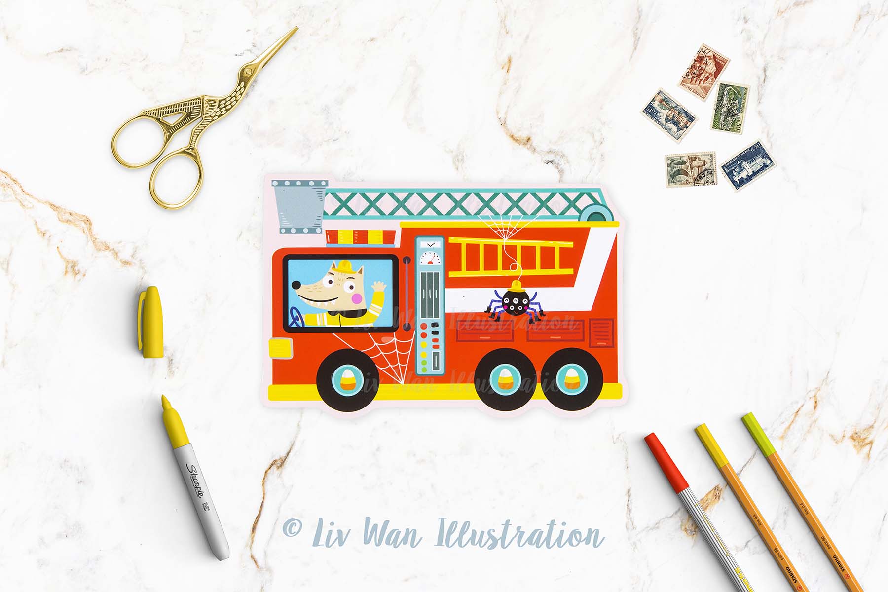 Halloween Fire Truck Postcard