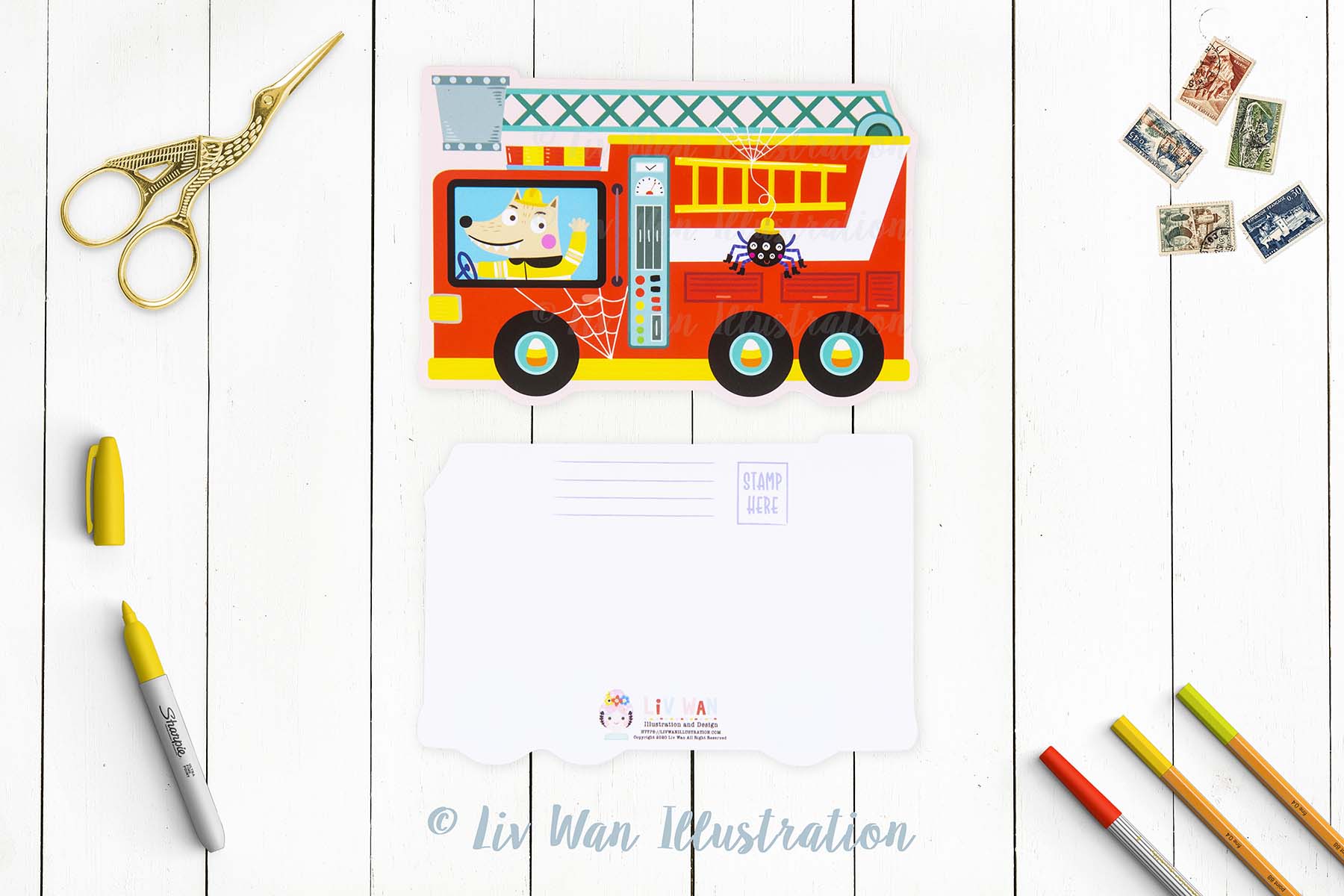 Halloween Fire Truck Postcard