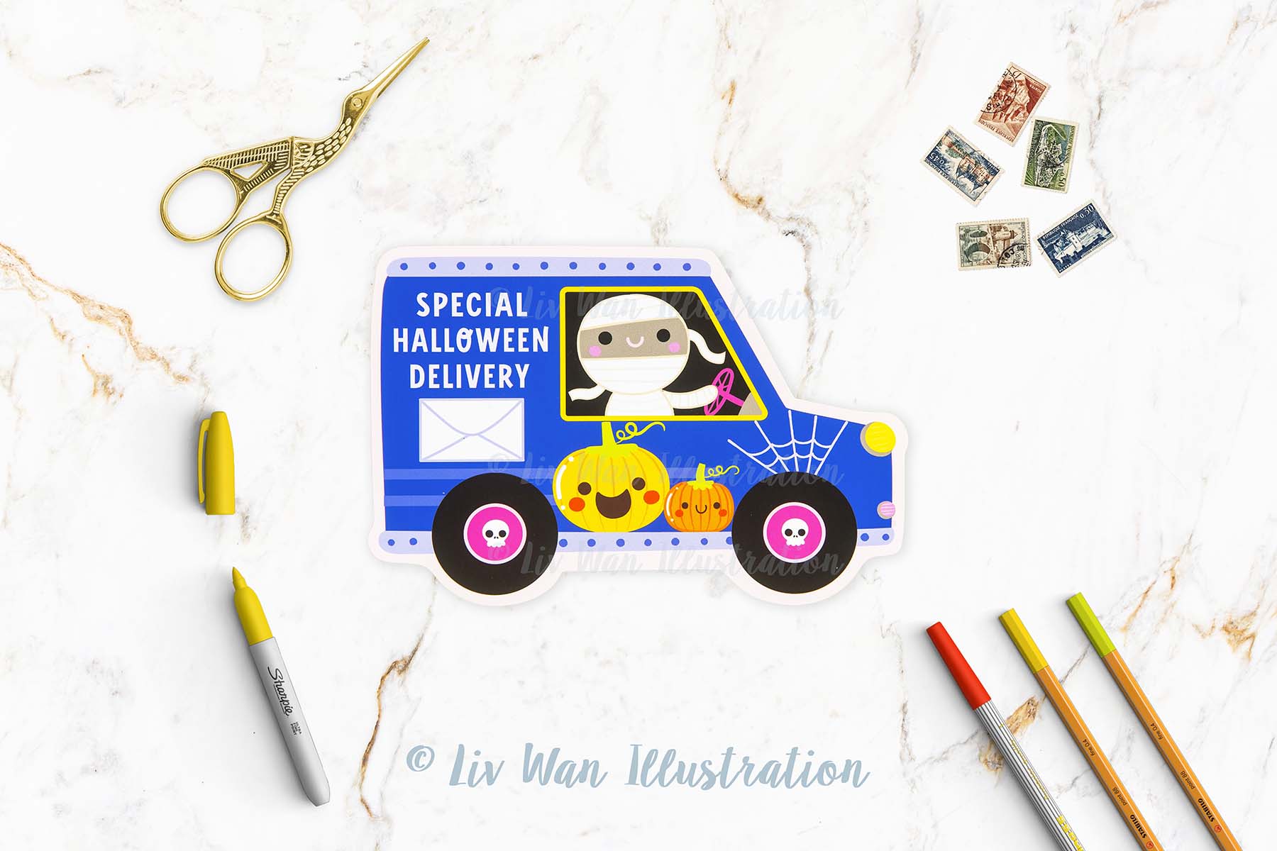 Halloween Mail Van Postcard