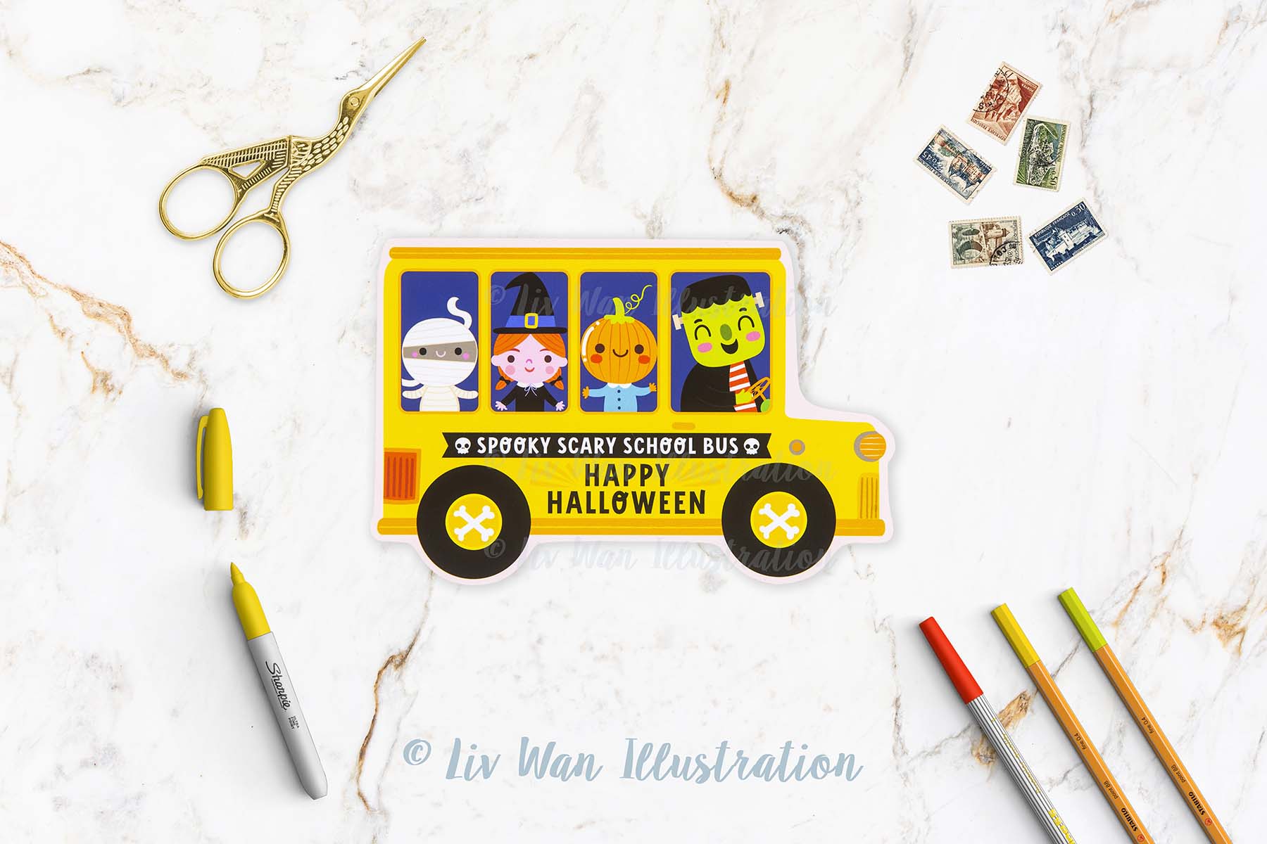 Halloween School Bus Postcard