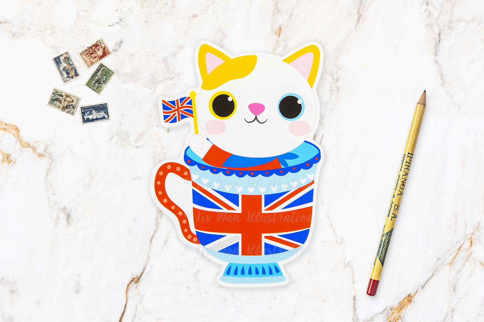 English Tea Cup Cat Postcard
