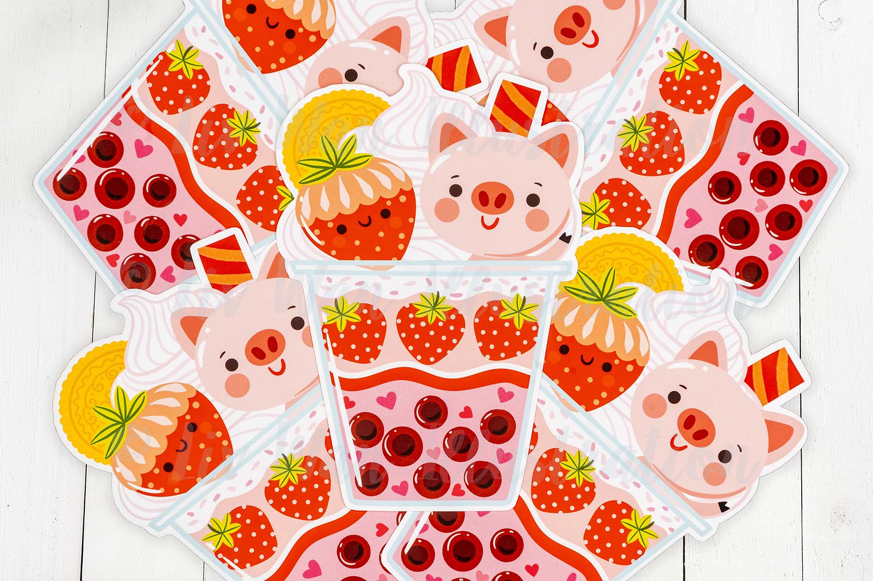 Strawberry Pig Bubble Tea Postcard