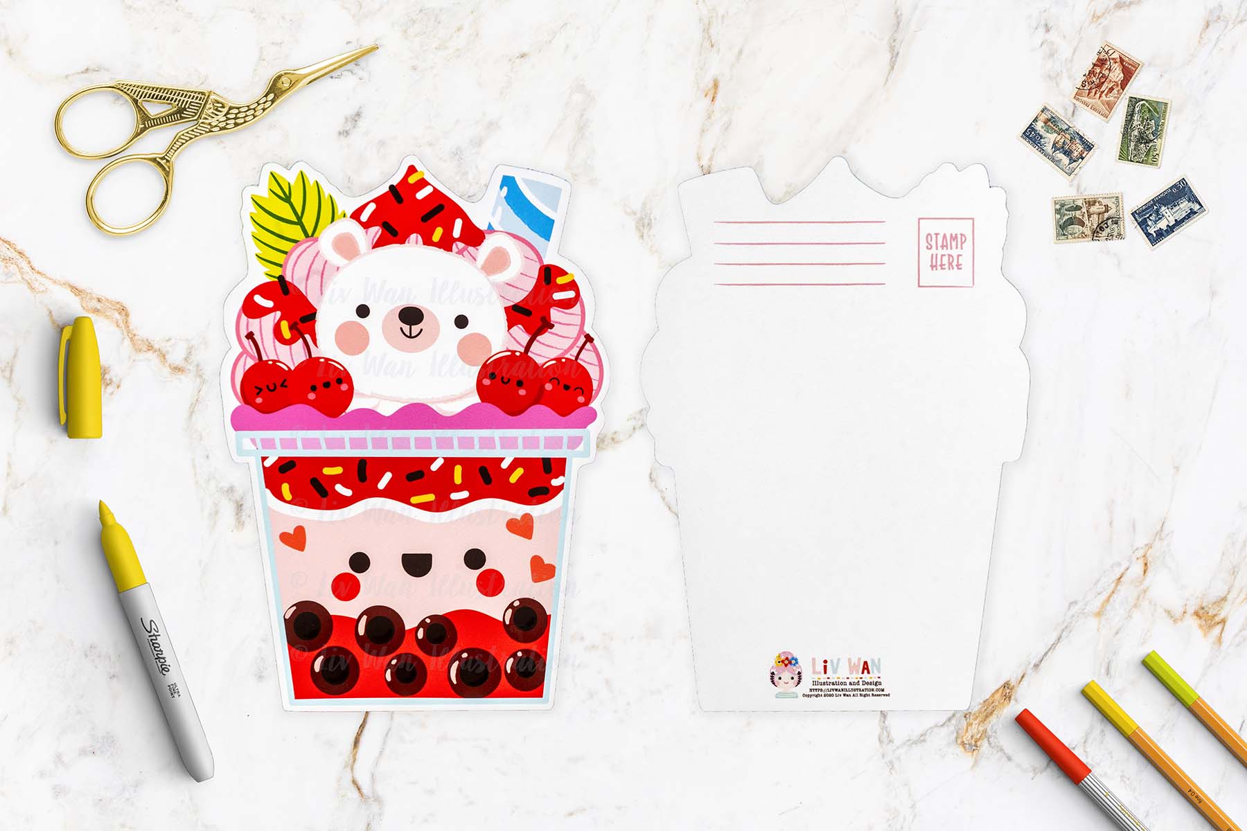 Cherry Bear Bubble Tea Postcard