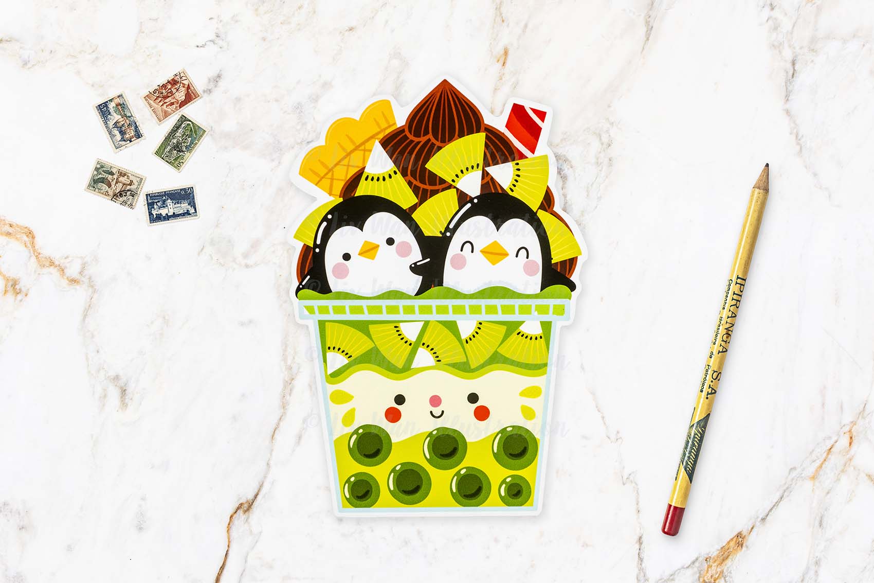 Kiwi Penguin Bubble Tea Postcard