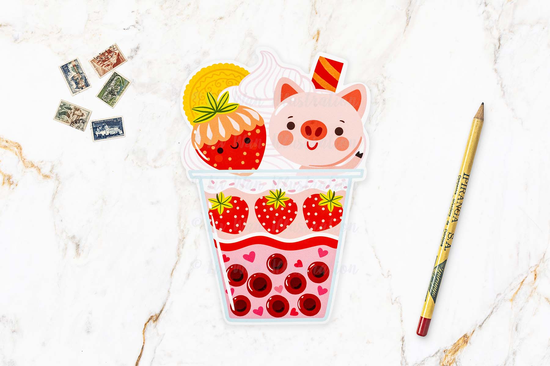 Strawberry Pig Bubble Tea Postcard