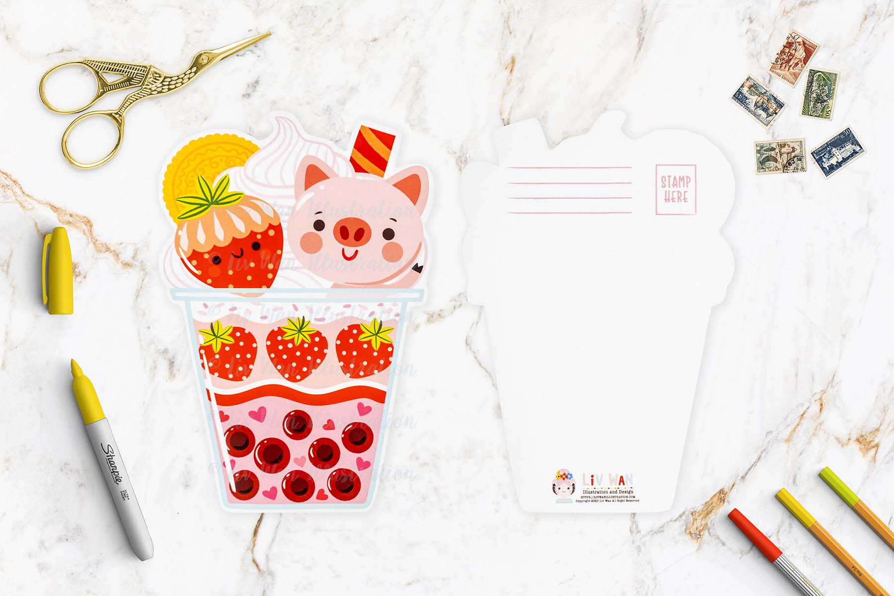 Strawberry Pig Bubble Tea Postcard