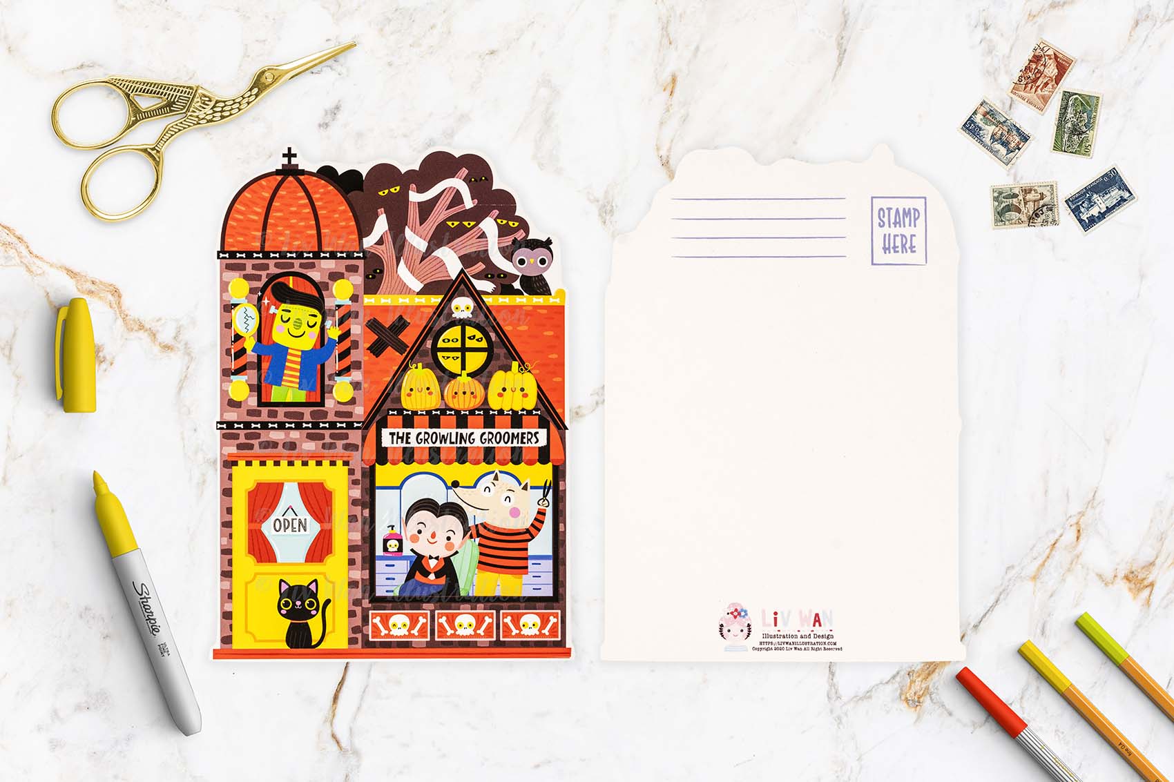 Growling Groomers Halloween Postcard