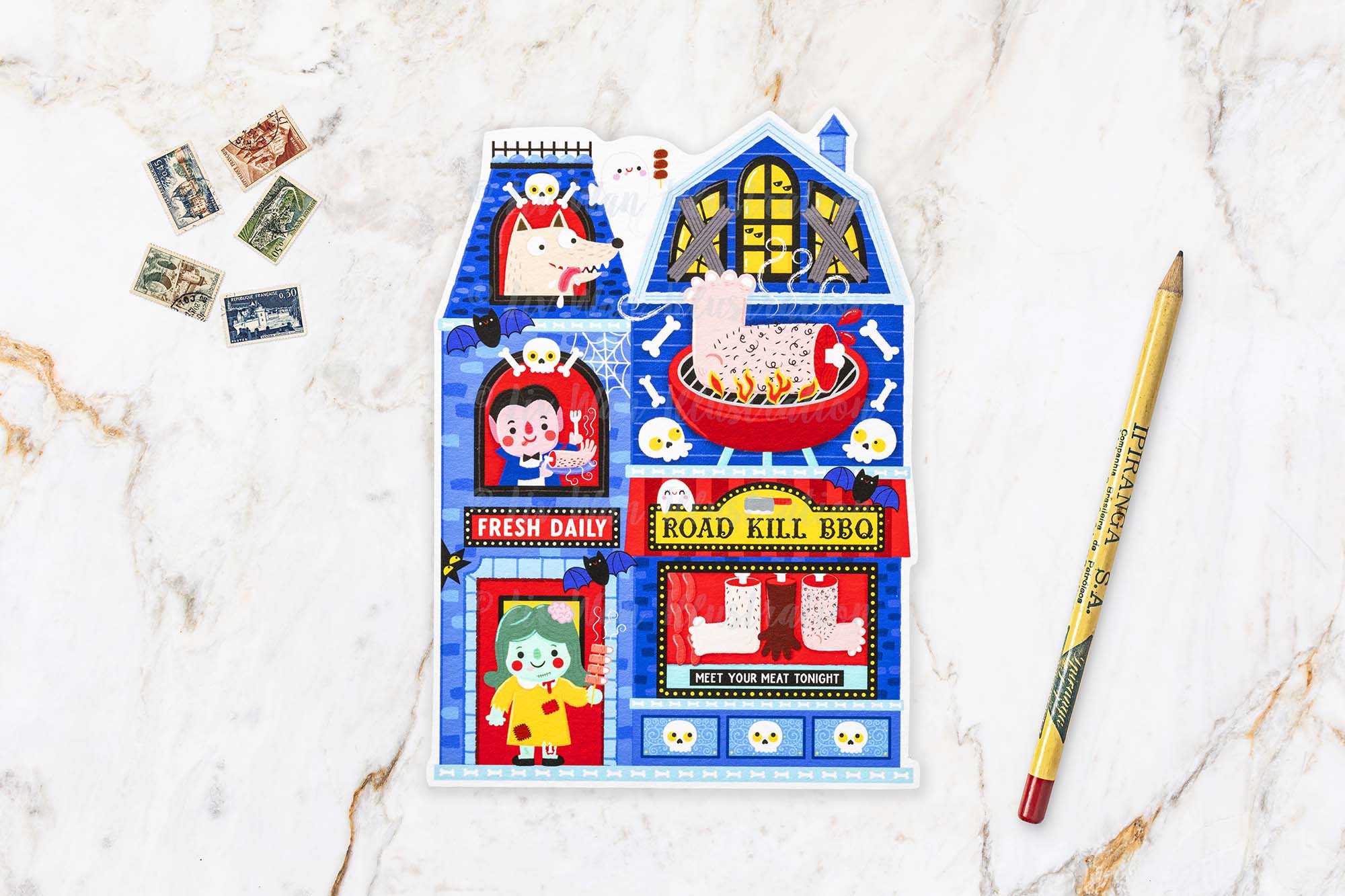 Halloween Road Kill BBQ Postcard